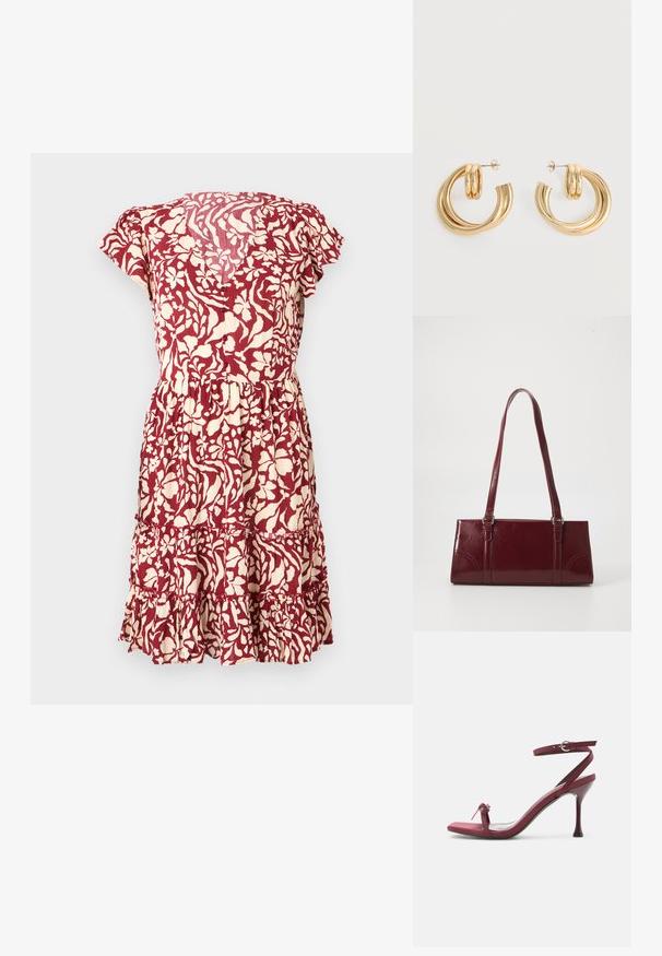 Vestido con estampado floral en burdeos y crema, con mangas cortas, cintura ajustada y un dobladillo con volantes en capas. Tejido ligero con un acabado texturizado.; Sandalia de tacón alto color burdeos con tiras finas, hebilla en el tobillo y un pequeño lazo en la tira delantera.; Bolso burdeos hecho de material brillante, de forma rectangular, con dos asas para el hombro y sutiles acentos curvados en la parte frontal.; Par de pendientes de aro doble brillante de oro con cierres de presión sobre un fondo blanco.
