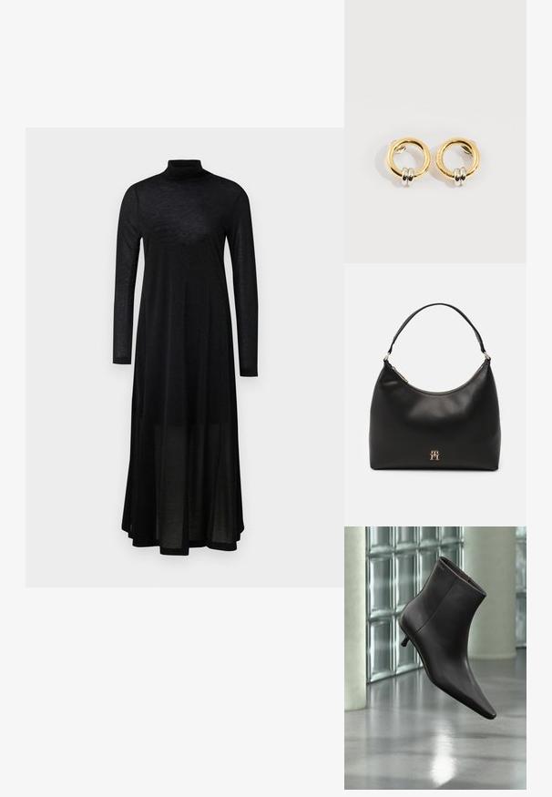 Schwarzes langärmeliges Kleid mit hohem Kragen und einem fließenden, transparenten Rock. Hergestellt aus leichtem, strukturiertem Stoff mit einem taillierten Oberteil.; Schwarzer Leder-Knöchelstiefel mit spitzer Spitze und kleinem Absatz vor einer Wand aus Glasbausteinen und einem polierten Boden.; Schwarze Leder-Hobo-Tasche mit geschwungenem Design, verstellbarem Tragegurt, Reißverschluss und einem goldfarbenen Logoakzent auf der Vorderseite. Glatte Textur.; Goldene runde Ohrringe mit jeweils zwei kleinen silbernen Ringen, die dezent gravierte Markennamen zeigen, vor weißem Hintergrund platziert.