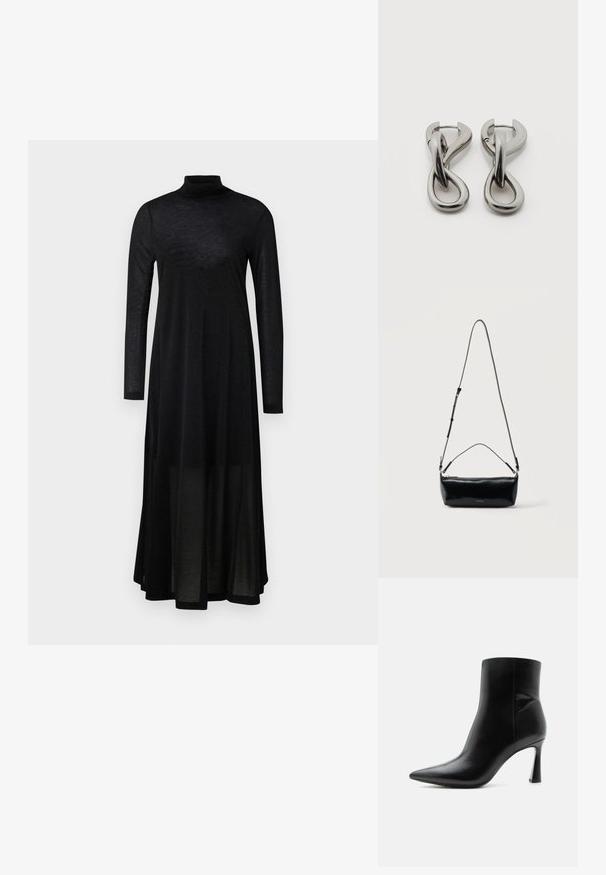 Schwarzes langärmeliges Kleid mit hohem Kragen und einem fließenden, transparenten Rock. Hergestellt aus leichtem, strukturiertem Stoff mit einem taillierten Oberteil.; Schwarzer Leder-Knöchelstiefel mit spitzer Spitze und schlankem, hohem Stilettoabsatz, seitlich auf weißem Hintergrund gezeigt.; Schwarze rechteckige Leder-Umhängetasche mit verstellbarem Schulterriemen, Reißverschluss oben und kleinem goldfarbenem Calvin Klein-Logo vorne.; Paar silberfarbene Metallohrringe mit abstraktem ineinandergreifendem Schlaufen-Design auf weißem Hintergrund.