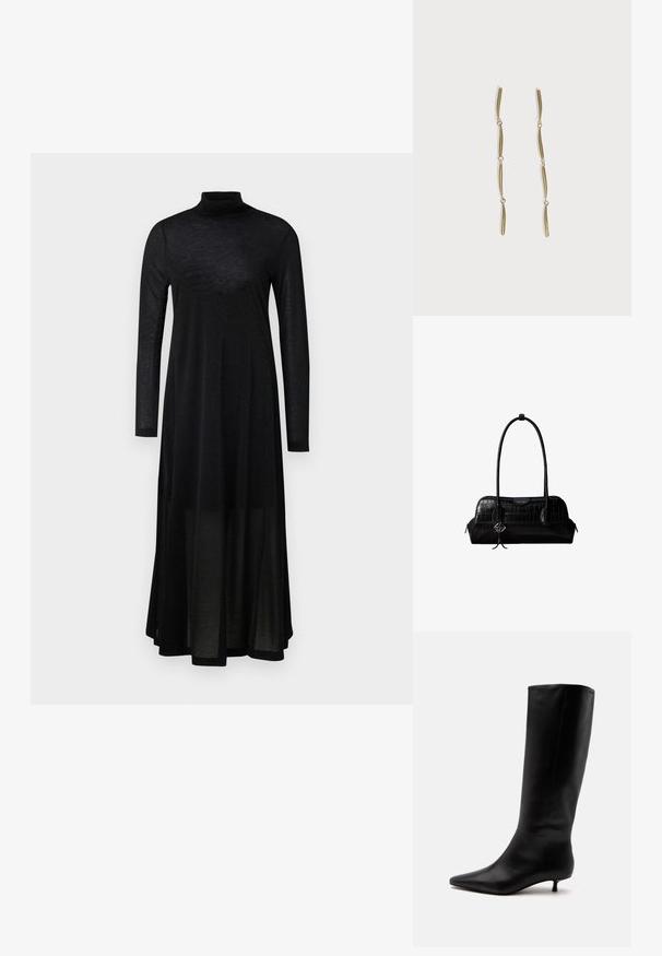 Schwarzes langärmeliges Kleid mit hohem Kragen und einem fließenden, transparenten Rock. Hergestellt aus leichtem, strukturiertem Stoff mit einem taillierten Oberteil.; Schwarzer kniehoher Lederstiefel mit spitz zulaufender Schuhspitze und niedrigem Kittenabsatz vor einem schlichten hellen Hintergrund.; Schwarze Umhängetasche aus krokodilstrukturiertem Leder mit langen Riemen und einem kleinen silbernen Logocharm an einem Riemen.; Lange goldene Ohrringe, bestehend aus vier verlängerten verbundenen gebogenen Stäben auf weißem Hintergrund.