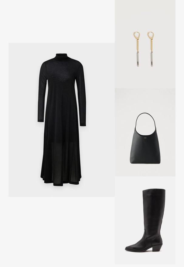 Robe noire à manches longues avec un col montant et une jupe fluide et transparente. Confectionnée dans un tissu léger et texturé avec un haut ajusté.; Botte en cuir noire mi-mollet avec un bout pointu et un talon bas incliné sur un fond clair uni.; Sac à main en cuir noir avec une seule poignée courbée, texture lisse et un logo discret à l'avant. Design minimaliste et intérieur spacieux.; Boucles d'oreilles pendantes en or et argent avec fermoirs à levier, présentant une barre en or reliée à une barre en argent gravée "DKNY" sur un fond blanc.