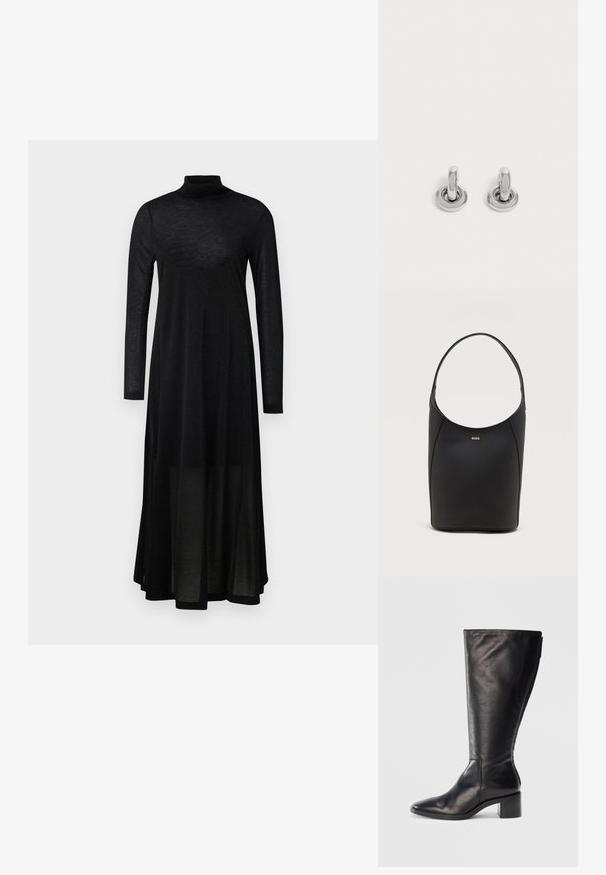 Schwarzes langärmeliges Kleid mit hohem Kragen und einem fließenden, transparenten Rock. Hergestellt aus leichtem, strukturiertem Stoff mit einem taillierten Oberteil.; Schwarze Lederkniehohe Stiefel mit quadratischer Spitze, Blockabsatz und schlankem Design. Glatte Textur mit einem seitlichen Reißverschluss für einfaches Anziehen.; Schwarze Leder-Bucket-Bag mit einem einzelnen Schulterriemen und kleinem goldfarbenem BOSS-Logo, zentriert nahe der oberen Vorderseite.; Paar kleine, glänzende silberne Creolen mit rundem Sockel, auf einfachem hellem Hintergrund präsentiert.