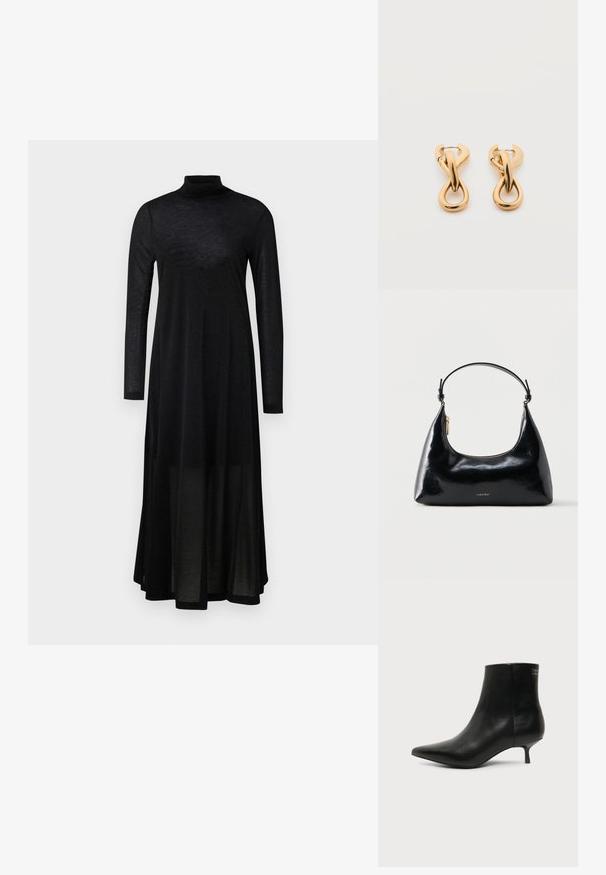 Schwarzes langärmeliges Kleid mit hohem Kragen und einem fließenden, transparenten Rock. Hergestellt aus leichtem, strukturiertem Stoff mit einem taillierten Oberteil.; Schwarzer Leder-Knöchel-Stiefel mit spitzer Spitze und niedrigem Kittenabsatz vor hellem Hintergrund, seitliche Ansicht.; Schwarze, glänzende Calvin Klein Handtasche mit goldfarbenem Reißverschluss und kurzem Trageriemen vor schlichtem weißem Hintergrund.; Paar glänzende goldfarbene Creolen mit verschlungenem, verdrehtem Design auf schlichten weißem Hintergrund.
