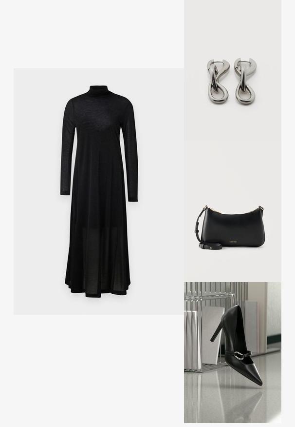 Robe noire à manches longues avec un col montant et une jupe fluide et transparente. Confectionnée dans un tissu léger et texturé avec un haut ajusté.; Chaussure à talon haut noire pointue avec une bride à boucle argentée, placée sur une surface réfléchissante près d’un organiseur métallique contenant des papiers.; Sac à bandoulière en cuir noir Calvin Klein avec fermeture éclair dorée et sangle réglable sur fond clair uni.; Paire de boucles d'oreilles en métal argenté avec un motif abstrait d'anneaux entrelacés sur fond blanc.
