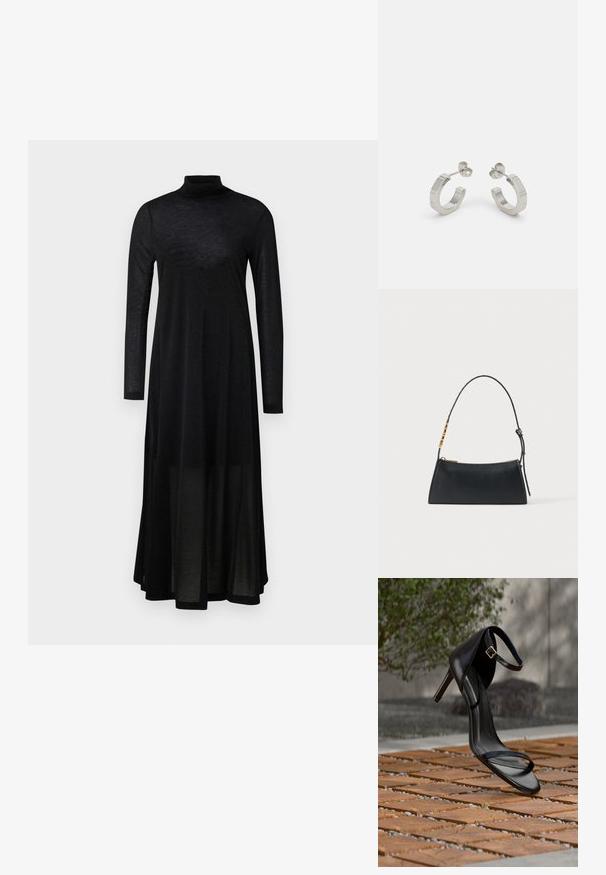 Robe noire à manches longues avec un col montant et une jupe fluide et transparente. Confectionnée dans un tissu léger et texturé avec un haut ajusté.; Sandale noire à talon haut avec sangle à la cheville, suspendue au-dessus d'un sol en carreaux de bois à l'extérieur, avec un arrière-plan flou de verdure et de pierre.; Sac à main en cuir noir avec une fermeture éclair dorée et une bandoulière ajustable présentant des détails rectangulaires dorés sur fond blanc.; Boucles d'oreilles en métal argenté avec un design texturé, dotées d'un petit fermoir et d'une marque sur une des hoops. Forme arrondie avec une finition polie.
