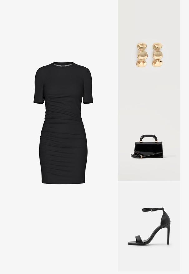 Schwarzes Bodycon-Kleid aus dehnbarem Stoff, mit kurzen Ärmeln, runder Halslinie und gerafften Seitendetails für zusätzliche Textur.; Schwarze hochhackige Sandale mit elegantem Design, featuring einem Knöchelriemen, offener Zehenpartie und glattem Lederfinish.; Schwarze glänzende rechteckige Handtasche mit oberem Griff, goldener Hardware und abnehmbarem Riemen, auf hellem einfarbigem Hintergrund platziert.; Ohrhänger in Goldoptik mit drei unregelmäßigen, glatten, abgerundeten Segmenten, die vertikal auf einem schlichten, hellen Hintergrund gestapelt sind.