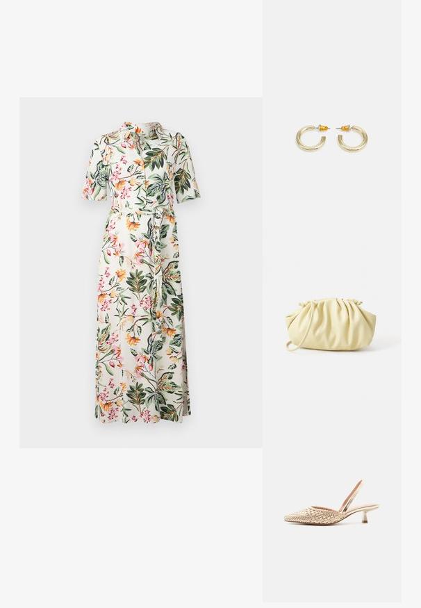 Blomster midi-kjole med korte ærmer, knaplukning fortil og taljebælte. Har en hvid baggrund med flerfarvede blomster og grønne blade.; Guldvævet slingback højhælet sko med spids tå og lav blokhæl på hvid baggrund.; Gul plisseret håndtaske lavet af glat kunstlæder, med en blød form, en enkelt skulderrem og samlet topdesign.; Guldtonede hooop øreringe med en glat, rund form og en poleret finish. Har orange detaljer på bagsiden for sikker fastgørelse.
