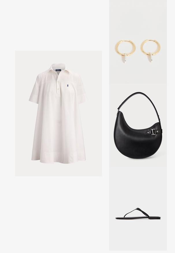 White short-sleeve polo dress with a collar, buttoned placket, and small navy blue embroidered logo on left chest.; Black flat flip-flop sandal with thin straps and a minimalist design shown from the side on a plain light background.; Black crescent-shaped leather handbag with a single adjustable shoulder strap and silver buckle detail on the side.; Gold hoop earrings with small vertical silver rectangular pendants, displayed on a white background.