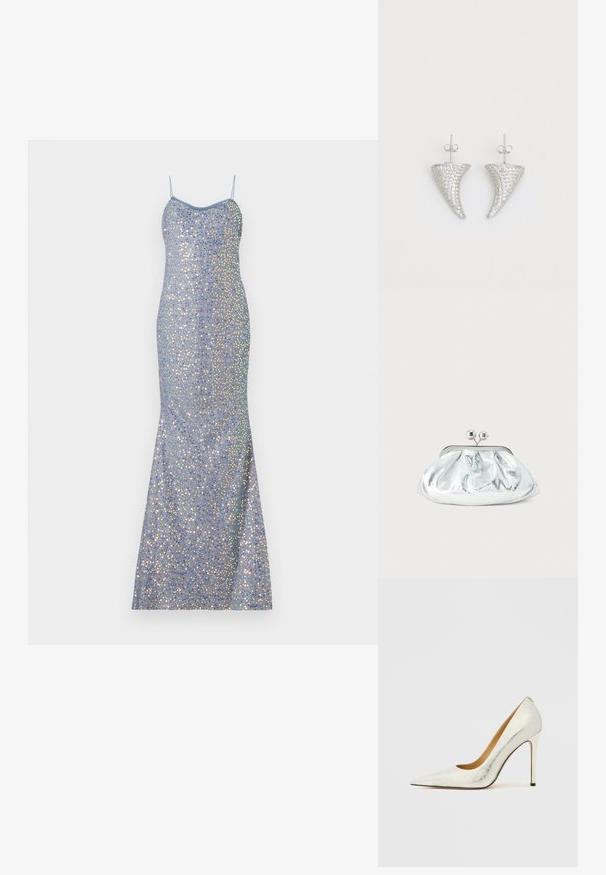 Hellblaues Pailletten-Abendkleid mit figurbetontem Schnitt, dünnen Trägern und einem Meerjungfrau-Saum, das mehrfarbige reflektierende Akzente aufweist.; Weißer Lederschuh mit Absatz, spitz zulaufender Spitze und strukturierter Oberfläche. Verfügt über einen schlanken Stilettoabsatz und ein glattes Innenfutter.; Kleine silberne Metallic-Clutch mit gerundetem, gerafftem Design und einem Verschluss mit zwei silbernen Kugeln.; Silberne, hornförmige Ohrringe, besetzt mit kleinen klaren Steinen, mit einem Steckverschluss zur Befestigung. Glatte Textur und metallisches Finish.