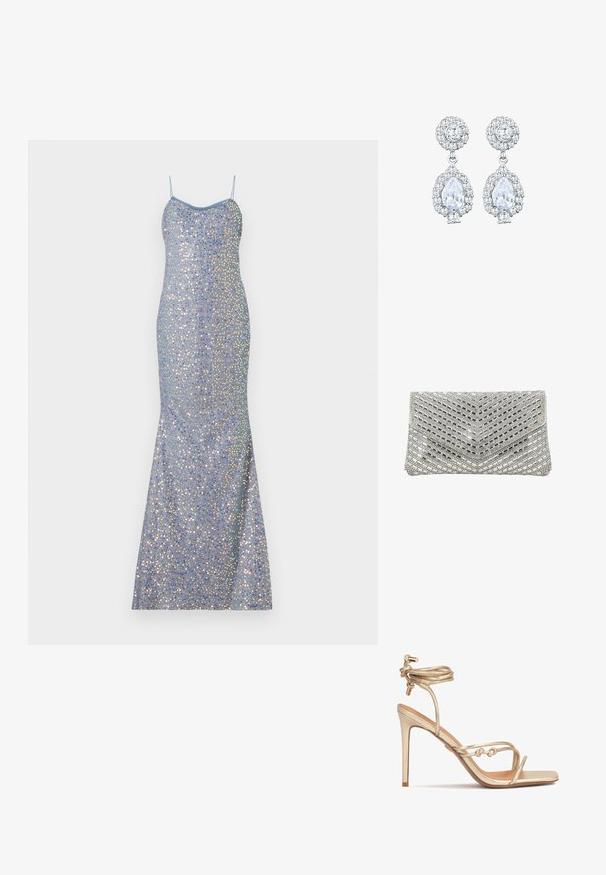 Hellblaues Pailletten-Abendkleid mit figurbetontem Schnitt, dünnen Trägern und einem Meerjungfrau-Saum, das mehrfarbige reflektierende Akzente aufweist.; Goldfarbene, metallische Sandale mit hohen Absätzen, die über einen schmalen Knöchelriemen, geflochtene Vorderstege und ein quadratisches Zehendesign verfügt. Glatte Ledertextur.; Rechteckige silberne Clutch mit einem Chevron-Muster aus kleinen, rechteckigen, reflektierenden Perlen, die die Vorderklappe bedecken.; Ohrringe in Silberfarbe mit einem runden Stecker im Pavé-Stil und einem tropfenförmigen Anhänger, der von kleineren Steinen umgeben ist, was einen funkelnden Effekt betont.