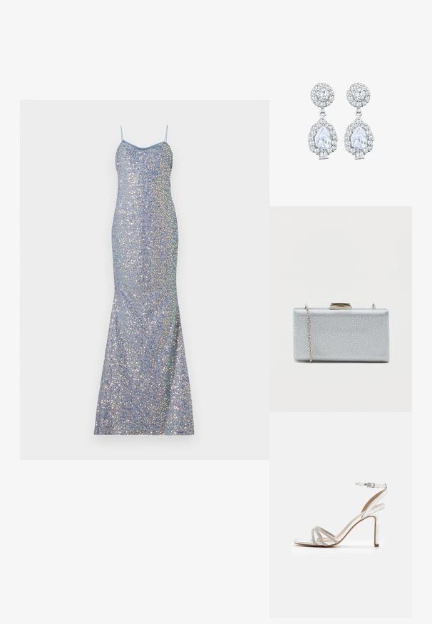 Hellblaues Pailletten-Abendkleid mit figurbetontem Schnitt, dünnen Trägern und einem Meerjungfrau-Saum, das mehrfarbige reflektierende Akzente aufweist.; Silberne High-Heel-Sandale mit mehreren Riemen, verziert mit Strasssteinen, offener Zehenpartie und einem Knöchelverschluss. Glatte, metallische Oberfläche.; Rechteckige silberne Clutch aus strukturiertem Metallic-Stoff, mit einem Klappverschluss und einem abnehmbaren Kettenriemen zum Tragen.; Ohrringe in Silberfarbe mit einem runden Stecker im Pavé-Stil und einem tropfenförmigen Anhänger, der von kleineren Steinen umgeben ist, was einen funkelnden Effekt betont.