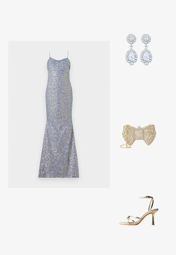 Hellblaues Pailletten-Abendkleid mit figurbetontem Schnitt, dünnen Trägern und einem Meerjungfrau-Saum, das mehrfarbige reflektierende Akzente aufweist.; Goldfarbene metallische Sandalette mit hohem Absatz, dünnen überkreuzten Riemchen, Knöchelriemen und einem kleinen runden dekorativen Detail nahe den Zehen.; Goldfarbene Clutch in Schleifenform, bedeckt mit klaren Kristallen, mit filigranem Gitterdesign und goldener Kette als Träger.; Ohrringe in Silberfarbe mit einem runden Stecker im Pavé-Stil und einem tropfenförmigen Anhänger, der von kleineren Steinen umgeben ist, was einen funkelnden Effekt betont.