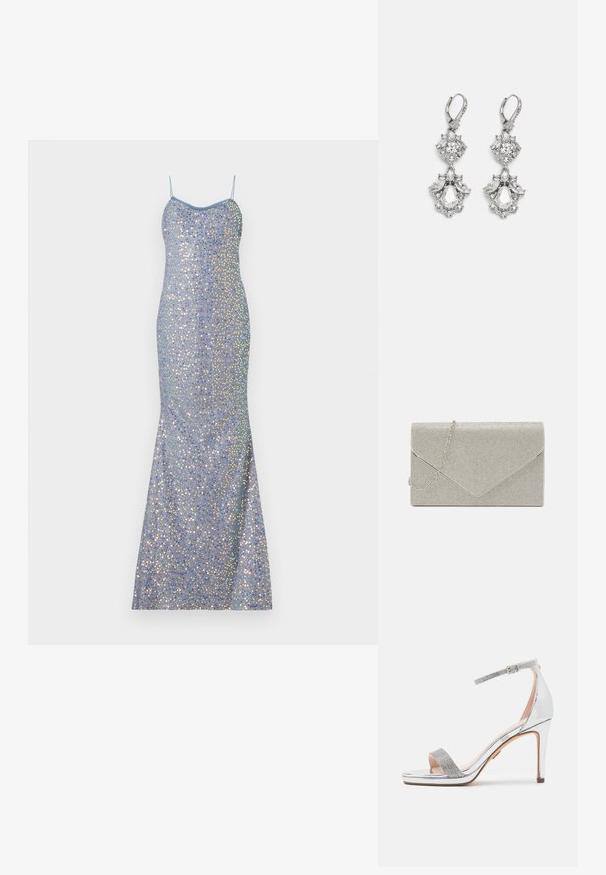 Hellblaues Pailletten-Abendkleid mit figurbetontem Schnitt, dünnen Trägern und einem Meerjungfrau-Saum, das mehrfarbige reflektierende Akzente aufweist.; Silberne High-Heel-Sandale mit glänzendem Lackobermaterial, strukturiertem Strassriemen, verstellbarem Knöchelriemen und quadratischem, offenem Zehenbereich.; Metallisch silberne Clutch mit einem Umschlagdesign, verziert mit einem strukturierten Muster und ausgestattet mit einem abnehmbaren Kettenriemen.; Silberfarbene Ohrringe mit mehreren klaren Kristallgemmen in Tropfen- und Marquiseformen, mit Klappverschluss und kunstvollen Details.