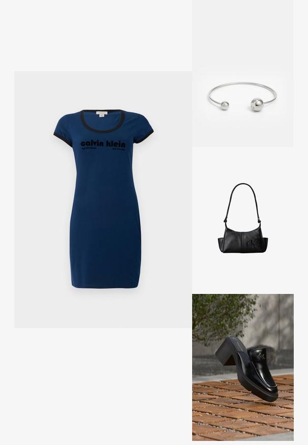 Vestido de algodón azul marino con mangas cortas, escote redondo, borde negro, con el logo de "Calvin Klein" en letra negra en negrita.; Mule tipo slip-on de cuero negro de Calvin Klein con tacón de bloque descansando sobre baldosas de madera al aire libre cerca de una planta verde y una pared gris.; Bolso de hombro de cuero negro con correa larga, bolsillos laterales y logo de Calvin Klein en relieve en la parte delantera.; Brazalete de metal plateado con dos acentos esféricos en cada extremo, superficie lisa, diseño abierto y forma elegante y minimalista.