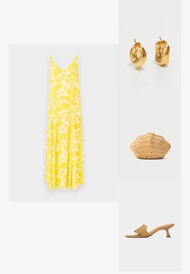 Robe maxi florale jaune avec un décolleté en V et des bretelles fines, offrant une silhouette fluide et un tissu léger, idéale pour les temps chauds.; Mule beige à bout ouvert avec un petit talon aiguille bas et une lanière décorative circulaire tissée sur le devant.; Sac à main en rotin tissé en forme de coquille Saint-Jacques de couleur brun clair naturel avec des bords arrondis et texturés.; Boucles d'oreilles créoles en or massif avec un design tubulaire légèrement tordu et des fermoirs à tige sur un fond blanc.