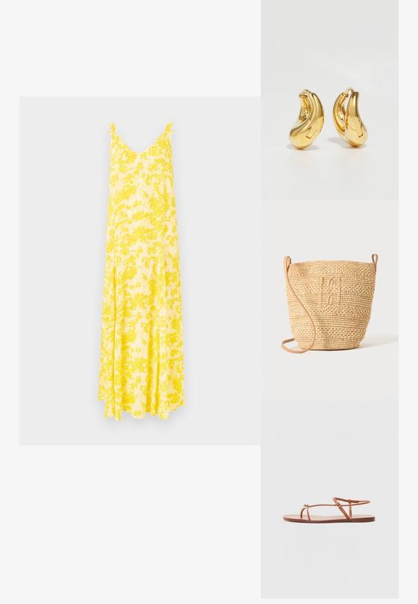 Robe maxi florale jaune avec un décolleté en V et des bretelles fines, offrant une silhouette fluide et un tissu léger, idéale pour les temps chauds.; Loeffler Randall LARA STRAPPY - Sandales tongs - timber; Sac seau en paille tressée avec motif texturé et bandoulière en cuir, présenté debout sur un fond clair uni.; Boucles d'oreilles en or en forme de d'anneaux lisses et courbés avec une finition polie. Équipées d'un mécanisme de fermeture et de légères indentations pour le détail.