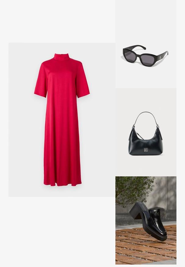 Vestido rojo hasta larodilla con un collar alto y mangas cortas. Hecho de una tela suave y ligera con una silueta suelta y fluida.; Mule tipo slip-on de cuero negro de Calvin Klein con tacón de bloque descansando sobre baldosas de madera al aire libre cerca de una planta verde y una pared gris.; Gafas de sol negras con un diseño elegante y angular, lentes oscuros y un logo plateado en contraste en el lateral. Textura de plástico suave.; Bolso de hombro de cuero negro con un solo asa, cierre de cremallera y un pequeño logo cuadrado plateado en la parte delantera.