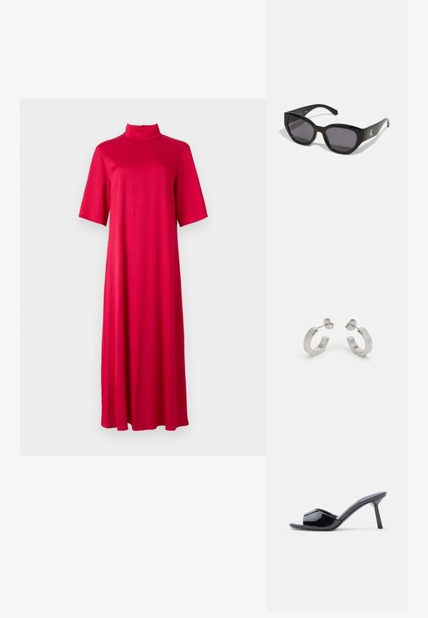 Vestido rojo hasta larodilla con un collar alto y mangas cortas. Hecho de una tela suave y ligera con una silueta suelta y fluida.; Sandalias de tacón con punta abierta de charol negro, con un diseño superior curvado y tacón de aguja cónico. Acabado liso y brillante.; Gafas de sol negras con un diseño elegante y angular, lentes oscuros y un logo plateado en contraste en el lateral. Textura de plástico suave.; Pendientes aros de metal plateado con un diseño texturizado, que cuentan con un pequeño respaldo de clip y una marca en uno de los aros. Forma redondeada con un acabado pulido.