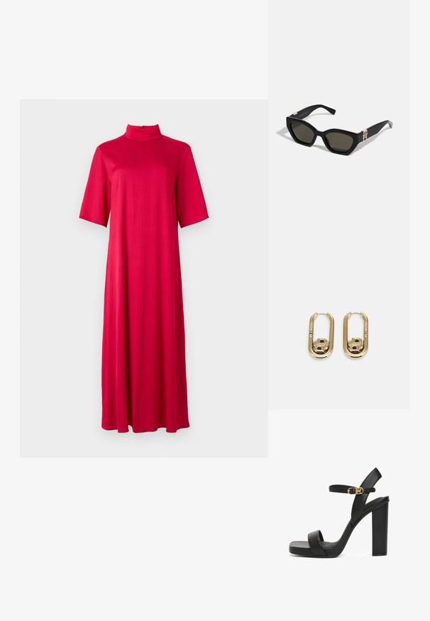 Vestido rojo hasta larodilla con un collar alto y mangas cortas. Hecho de una tela suave y ligera con una silueta suelta y fluida.; Sandalía negra de tacón alto hecha de cuero suave, con una amplia correa frontal, correa en el tobillo con hebilla dorada y un tacón cuadrado grueso.; Tommy Hilfiger Gafas de sol - black; BOSS DOUBLE B SWING - Pendientes - gold-coloured