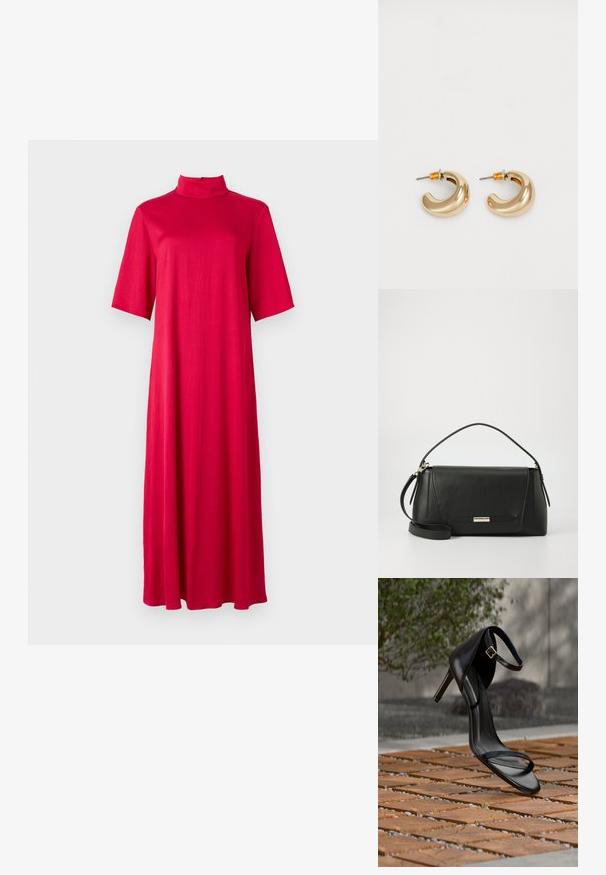 Vestido rojo hasta larodilla con un collar alto y mangas cortas. Hecho de una tela suave y ligera con una silueta suelta y fluida.; Sandalia negra de tacón alto con correa en el tobillo, parece suspendida sobre un suelo de baldosas de madera al aire libre, con un fondo difuminado de vegetación y piedra.; Bolso de mano de cuero negro con un diseño estructurado, una correa de hombro desmontable y un acento de cierre metálico. Presenta líneas limpias y una textura suave.; Dos pendientes de aro dorados brillantes en un diseño curvado, con acentos naranjas cerca del poste, sobre un fondo blanco liso.