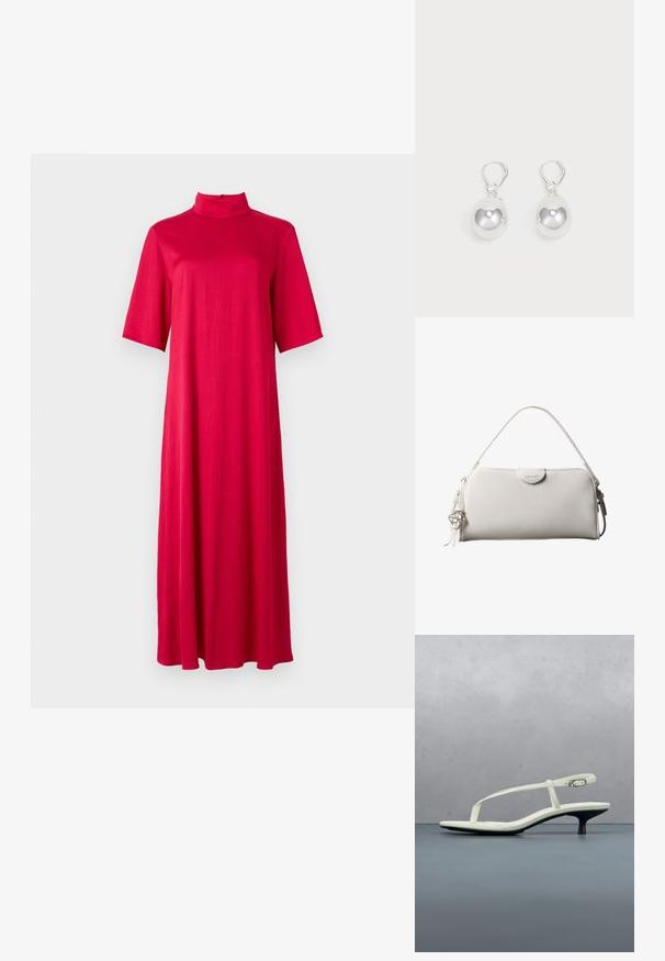 Vestido rojo hasta larodilla con un collar alto y mangas cortas. Hecho de una tela suave y ligera con una silueta suelta y fluida.; Sandalia blanca de tacón kitten con tiras y punta afilada, flotando sobre un suelo de baldosas de madera al aire libre, con un fondo desenfocado de plantas y pared.; Bolso rectangular blanco de Calvin Klein con un solo asa, diseño minimalista y borlas decorativas con un charm metálico geométrico en el lateral.; Pendientes de plata en forma de gota con superficies redondas y reflectantes colgando de cierres de palanca. El fondo es blanco liso.