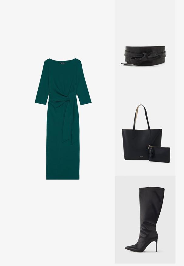 Teal langærmet kjole med rund halsudskæring, sammensamlet talje og bundet bælte detalje. Fremstillet af glat, strækbart stof.; Sort knæhøj stiletstøvle lavet af glat, glansfuldt materiale; spids tå; tætsiddende pasform med let samling nær anklen; skinnende hæl.; Sort tote taske med struktureret materiale, to lange håndtag og en aftagelig lynlåspose med en frynse-detalje. Guld mærkelogo synligt.; Sort læderbælte med en glat overflade, bred bånddesign, der har en knyttet accent foran og en simpel, slank form.