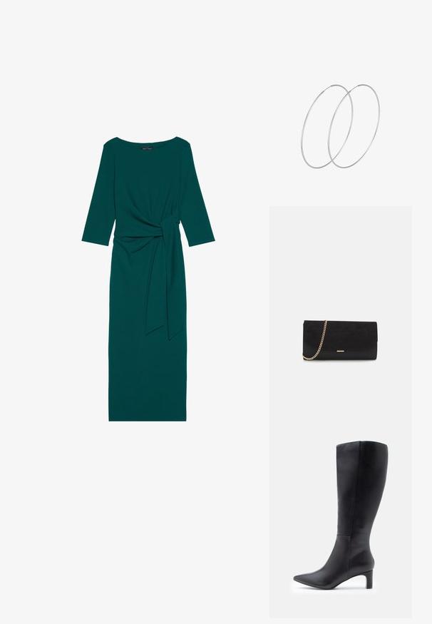 Teal langærmet kjole med rund halsudskæring, sammensamlet talje og bundet bælte detalje. Fremstillet af glat, strækbart stof.; Sorte læderknæhøje støvler med spidse tåer, der har et elegant design og en lille blokhæl. Glat tekstur med minimale detaljer.; Sort clutch taske lavet af ruskind med en struktureret overflade, udstyret med en guld kædestrop og et elegant, kantet design.; Sølvøreringe med et minimalistisk design. Cirkulær form, glat tekstur og tynd profil. Letvægtige med en poleret overflade.