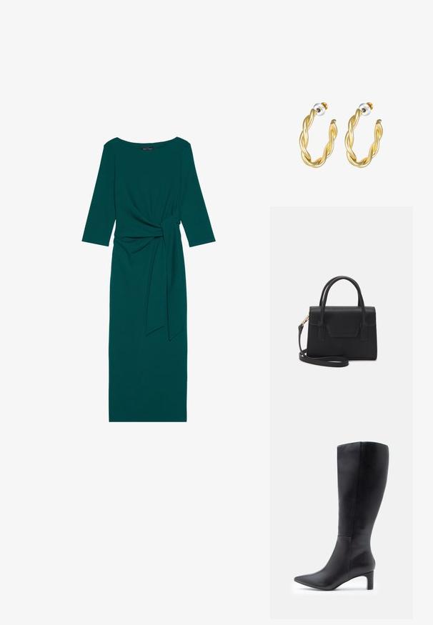 Teal langærmet kjole med rund halsudskæring, sammensamlet talje og bundet bælte detalje. Fremstillet af glat, strækbart stof.; Sorte læderknæhøje støvler med spidse tåer, der har et elegant design og en lille blokhæl. Glat tekstur med minimale detaljer.; Sort struktureret håndtaske lavet af læder med et topgreb, aftagelig skulderrem og detalje med frontklap. Guldhardware accenter.; Guld snoede hoops øreringe med en glat overflade, der har en transparent baggrund og hardware i guldtoner.