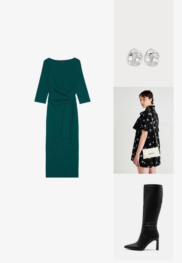 Teal lange mouw jurk met een ronde halslijn, geplooide taille en gestrikt riemdetail. Gemaakt van glad, rekbaar materiaal.; Even&Odd Laarzen - black; Zwarte dress met witte strikmotieven, korte mouwen, franje bij de schouders. Witte clutch met gouden ketting en sluiting, vastgehouden in de rechterhand.; Zilveren abstracte studs met een gepolijste afwerking, met gladde rondingen en subtiele contouren. Geen zichtbare patronen of accenten.