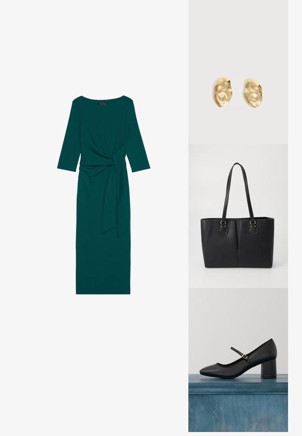 Teal lange mouw jurk met een ronde halslijn, geplooide taille en gestrikt riemdetail. Gemaakt van glad, rekbaar materiaal.; Zwarte Mary Jane-schoen met blokhak en gouden gesp, zwevend boven een gladde betonnen vloer in een minimalistische binnenomgeving.; Zwarte neplederen tote bag met een gestructureerde afwerking, twee lange handvatten en goudkleurige hardware-accenten aan de zijkant. Rechthoekige vorm.; Een paar glanzende, onregelmatig gevormde gouden metalen oorbellen met een gekreukeld, glad oppervlak op een effen lichte achtergrond.