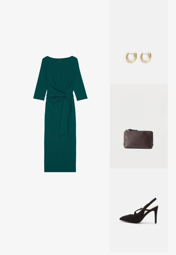 Teal langærmet kjole med rund halsudskæring, sammensamlet talje og bundet bælte detalje. Fremstillet af glat, strækbart stof.; Anna Field LEATHER - Pumps - black; Mørkebrun læderpung med lynlås, flad rektangulær form, glat tekstur og en diskret logoindgravering på forsiden.; Guld-tone hoop øreringe med en glat, poleret overflade. Har en halvcirkelform og en sikker stiftlukning.