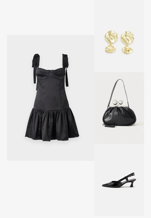 Zwarte jurk met een aansluitende bodice, sweetheart halslijn, schouderbandjes en een uitlopende gerimpelde zoom. Gemaakt van een gladde stof met een matte afwerking.; Zwarte lakleren slingback kitten heel schoen met spitse neus en verstelbare gouden gespsluiting op een witte achtergrond.; Zwarte leren handtas met een geplooid ontwerp, een enkele schouderband, zilverkleurige metalen omlijsting en twee grote ronde zilveren sluitingen.; Gouden druppel oorbellen met een abstracte, textuurontwerp met twee ongelijkvormige elementen, één grotere boven en een kleinere daaronder.