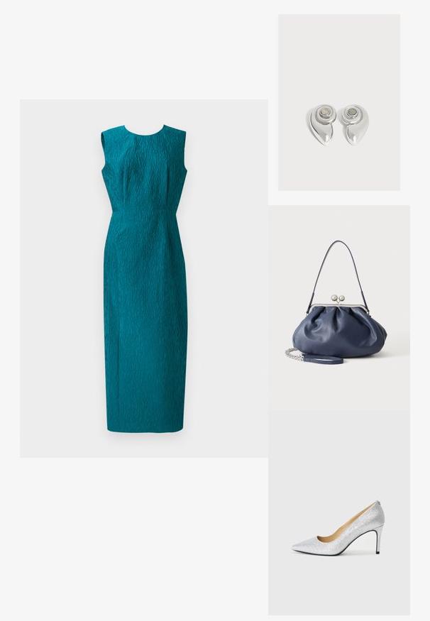 Robe sans manches en teal avec un tissu texturé, silhouette ajustée et design jusqu'aux genoux. Dotée d'un col rond et d'un motif en vague subtil.; Pompe à talons aiguilles en argent pailleté avec un bout pointu et une doublure intérieure lisse. Le talon est fin, soulignant le design élégant.; Sac à main en cuir bleu marine doux avec fermeture à boucle argentée, une seule bandoulière, et une chaîne de poignet amovible sur fond blanc.; Paire de boucles d’oreilles métalliques argentées brillantes avec un design en spirale et une pierre circulaire au centre sur un fond blanc uni.
