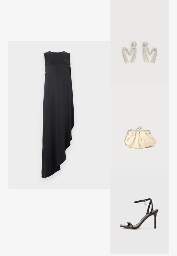 Robe noire sans manches avec un ourlet asymétrique, confectionnée dans un tissu lisse, avec un col arrondi et une silhouette fluide.; Sandale à talon haut noire avec une bride étroite à la cheville, bout carré, cuir lisse et accent de boucle métallique.; Pochette en cuir beige plissé avec un cadre en métal argenté, dotée de deux fermoirs ronds décoratifs et d'une chaîne en argent.; Paire de boucles d'oreilles en métal argenté en forme de lettre M angulaire avec des tiges arrondies sur fond blanc.