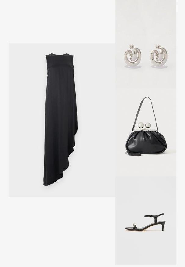 Robe noire sans manches avec un ourlet asymétrique, confectionnée dans un tissu lisse, avec un col arrondi et une silhouette fluide.; Sandale noire en cuir à talon avec bride à la cheville, bout ouvert, devant carré et accent en métal argenté. Design ajusté avec un profil élégant.; Sac à main en cuir noir avec un design plissé, une sangle unique, un cadre métallique argenté et deux grandes fermoirs ronds en argent.; Boucles d'oreilles en métal argenté avec un design tourbillonnant, présentant des surfaces lisses et une finition polie, maintenues par un fermoir en papillon.
