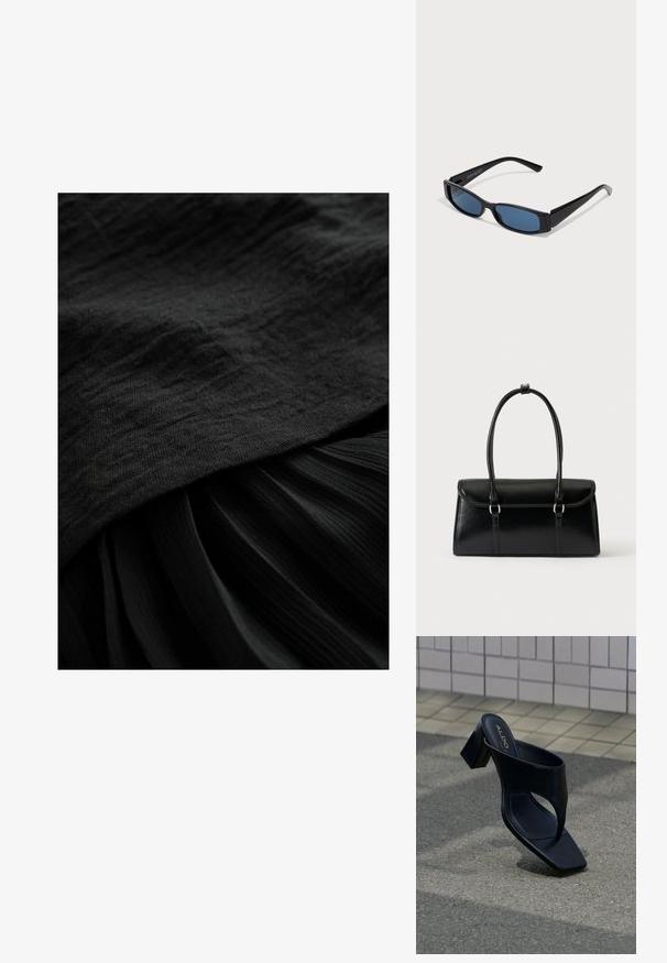 Tissu noir avec une surface texturée, comprenant une couche supérieure lisse et une section inférieure plissée, toutes deux dans une teinte noire profonde et uniforme.; Sandale à talon noire avec bout carré et large bride, posée sur un bitume gris près d'un mur carrelé.; Lunettes de soleil noires avec une monture rectangulaire élégante et des verres bleus. Présente une texture lisse et des branches robustes. Logo de la marque sur le côté.; Sac à main rectangulaire en cuir noir avec fermeture à rabat et deux longues anses sur fond blanc uni.