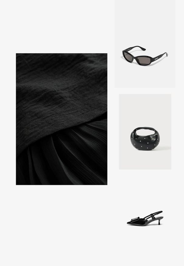 Tissu noir avec une surface texturée, comprenant une couche supérieure lisse et une section inférieure plissée, toutes deux dans une teinte noire profonde et uniforme.; Talons aiguilles en cuir verni noir avec un bout pointu, un détail en nœud à l'avant et un petit talon stiletto. Les brides sont équipées de boucles ajustables.; Lunettes de soleil noires avec une monture rectangulaire, des verres sombres, un matériau plastique lisse et un accent métallique sur la branche.; Sac à main en cuir noir de forme arrondie, décoré de clous argentés et équipé d'une poignée courte. Texture lisse et fermeture éclair.