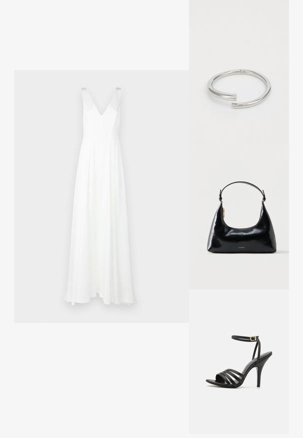 Witte, vloerlange jurk met een V-hals en brede bandjes. Gemaakt van lichte stof, met een vloeiende rok en een minimalistisch ontwerp.; Zwarte strappy hoge hak sandaal met een slanke enkelband, open teen en een gladde afwerking. Heeft een slanke hak en een gestructureerd bandontwerp.; Zwarte glanzende Calvin Klein handtas met gouden rits en korte band tegen een effen witte achtergrond.; Calvin Klein SPIRAL - Armband - silver-coloured
