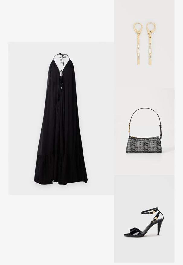 Schwarzes Maxikleid mit Halterneck, tiefem V-Ausschnitt und Bindeschnürung. Es hat eine fließende Silhouette und einen rüschierten Saum. Leichter Stoff.; Schwarze, lackierte High-Heeled-Sandalen mit doppelten Knöchelriemen und goldenen Schnallen, Zehen offen und schlankem, spitz zulaufendem Absatz auf neutralem Hintergrund.; DKNY Schultertasche mit einem Schwarz-Weiß-Logo-Muster. Rechteckige Form, glatte Textur und Hardware-Akzente in Goldfarbe. Verstellbarer Tragegurt.; Goldene Tropfenohrringe mit Leverback-Verschlüssen, versehen mit vertikalen Stangen, die mit kleinen klaren und rechteckigen Steinen geschmückt sind.