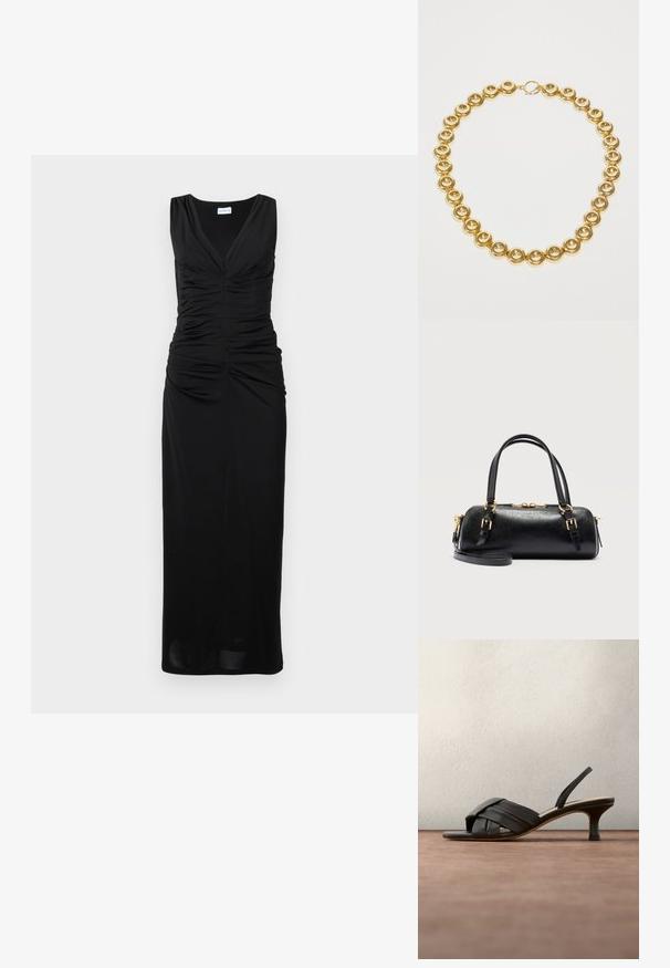 Robe noire sans manches avec un décolleté en V, un corsage froncé et une silhouette maxi droite mettant en valeur un tissu lisse et extensible.; Sandale noire en cuir à bride arrière avec des lanières tissées et un petit talon bas, présentée sur un fond gris foncé flou.; Sac à main rectangulaire en cuir noir avec boucles en or, doubles poignées, bandoulière détachable et fermeture éclair sur fond blanc.; Collier doré avec des perles rondes en forme de dôme reliées de manière uniforme, présentant un fermoir à bascule circulaire sur un fond blanc.