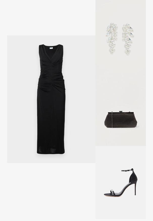 Vestido negro sin mangas con escote en V, corpiño fruncido y una silueta maxi recta que muestra una tela suave y elástica.; Sandalia de satén negro con tacón alto, una delgada correa, hebilla en el tobillo y un adorno decorativo de pedrería en la correa delantera.; Bolso de mano negro de malla con una silueta estructurada, adornado con pequeños tachuelas metálicas, que cuenta con un cierre de broche y una correa de cadena desmontable.; Par de pendientes en tono plateado con cristales claros facetados agrupados en formas redondas y marquesas sobre fondo blanco.