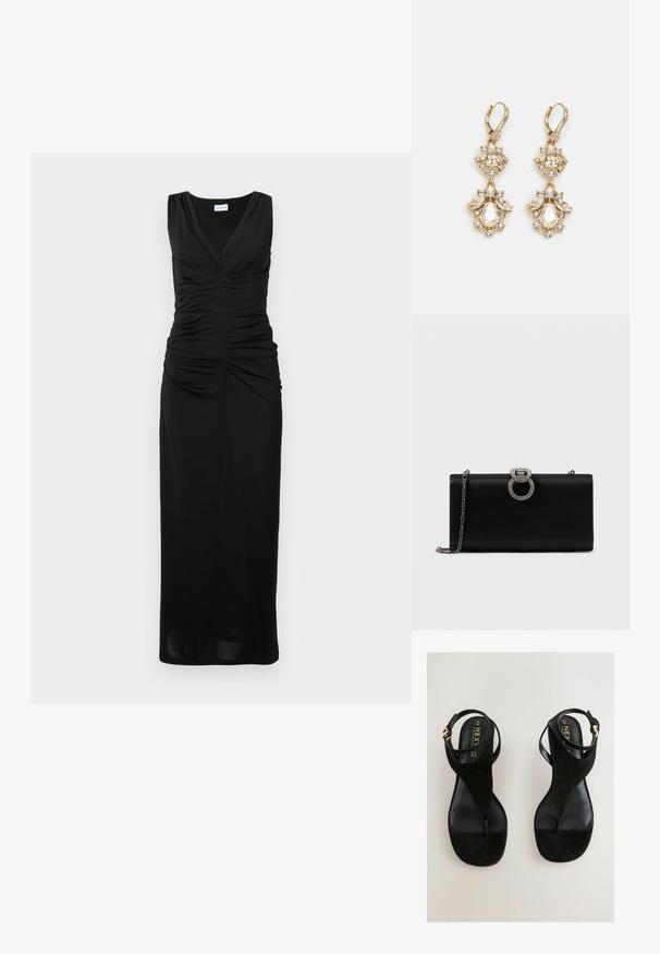 Vestido negro sin mangas con escote en V, corpiño fruncido y una silueta maxi recta que muestra una tela suave y elástica.; Sandalias de ante negro con un diseño de tira para el dedo del pie, correa de tobillo ajustable y una suela plana y suave. Acento de hardware dorado en la correa.; Bolso de mano de satén negro con un cierre circular en tono plateado adornado con strass, cuenta con una correa de cadena desmontable.; Pendientes colgantes en tono dorado con un diseño de racimo que incluye cristales claros en forma redonda y de lágrima, mostrando un detallado intrincado.