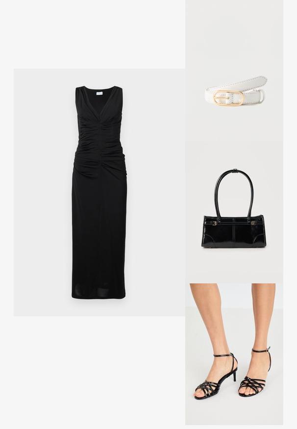 Robe noire sans manches avec un décolleté en V, un corsage froncé et une silhouette maxi droite mettant en valeur un tissu lisse et extensible.; Sandales à talons hauts noires avec texture brillante. Bride de cheville avec boucle. Design à bout ouvert avec des détails entrecroisés.; Sac à main rectangulaire noir brillant avec deux fines bretelles et petits détails de boucles dorées à l'avant.; Ceinture en cuir blanc avec surpiqûres noires et boucle ovale en métal doré, posée enroulée sur un fond clair uni.