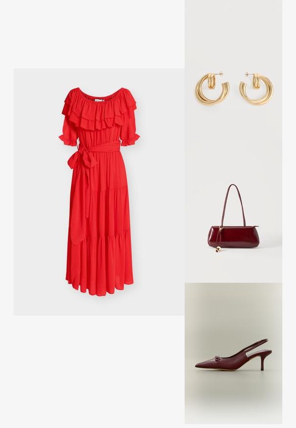 Robe midi rouge à épaules dénudées avec encolure à volants, manches bouffantes, jupe à volants superposés et ceinture nouée à la taille.; Chaussure à talon haut slingback en cuir rouge foncé avec bout pointu et petit nœud décoratif à l'avant, vue de profil sur fond neutre.; Sac à main en cuir rouge foncé brillant avec de longues anses et un charm circulaire doré suspendu à une anse.; Paire de boucles d'oreilles créoles doubles en or brillant avec attaches à tige sur fond blanc.