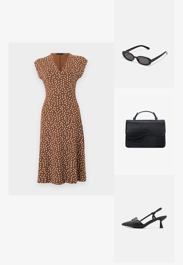 Robe midi marron à pois blancs, style portefeuille col en V, manches courtes, taille cintrée, présentée sur un fond uni.; Simmi London DALA - Escarpins - black; Even&Odd Lunettes de soleil - black; Sac à main en cuir noir avec texture crocodile, forme rectangulaire, rabat incurvé et poignée courte sur le dessus.