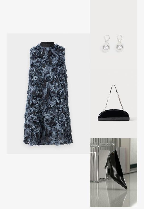 Bruuns Bazaar CLARKIAS CHI DRESS - Koktailové šaty/večierkové šaty - blue; Čierna lodička na vysokom opätku so špicatou špičkou a zlatým logom, umiestnená na lesklej ploche vedľa chrómového drôteného organizéra na dokumenty.; Čierna lesklá kabelka so strieborným reťazovým remienkom a malým logom KARL LAGERFELD na prednej strane, na jednoduchom svetlom pozadí.; Strieborné náušnice v tvare kvapiek so hladkým, guľatým, reflexným povrchom visiace na klipsových uzáveroch. Pozadie je čisté biele.