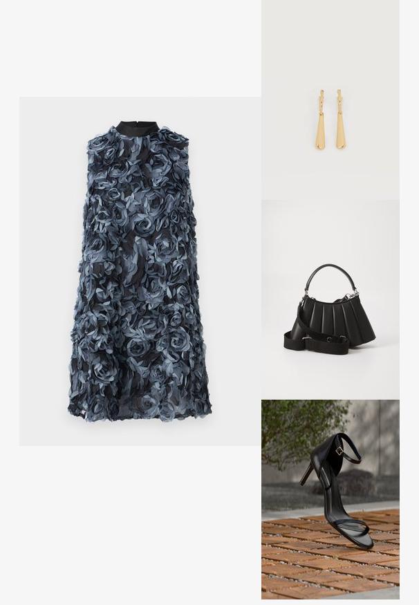 Bruuns Bazaar CLARKIAS CHI DRESS - Kokteilikleit/peokleit - blue; Mustad kõrge kontsaga sandaal pahkluu rihmaga näib rippuvat puidust plaatide põranda kohal õues, taustal udune rohelus ja kivimüür.; Mustmust kott mustris, millel on ümmargune käepide, reguleeritav rihm ja läikiv tekstuur. Omab hõbedast riistvara ja struktureeritud siluetti.; Kullatooni ripptivad kõrvarõngad, millel on sujuvad, pikenenud pisarakuju ripatsid, mis ripuvad väikestest rõngastest kinnitustest valgel taustal.