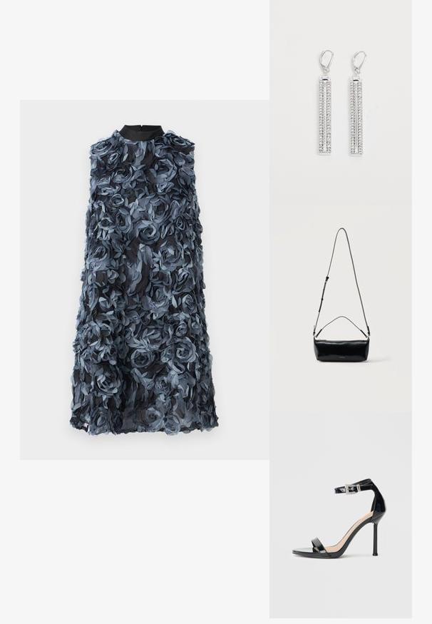 Bruuns Bazaar CLARKIAS CHI DRESS - Koktailové šaty/večierkové šaty - blue; Čierna vysoká sandála z lakovanej kože s popruhom okolo členka. Vyznačuje sa minimalistickým dizajnom, otvorenou špičkou a prackou zdobenou trblietavými kamienkami.; Čierna obdĺžniková kožená crossbody taška s nastaviteľným popruhom, horným zipsom a malým zlatým logom Calvin Klein vpredu.; Strieborné náušnice s dvoma predĺženými tyčkami, z ktorých každá je osadená malými, priehľadnými kamienkami usporiadanými v línii. Spona na páke.