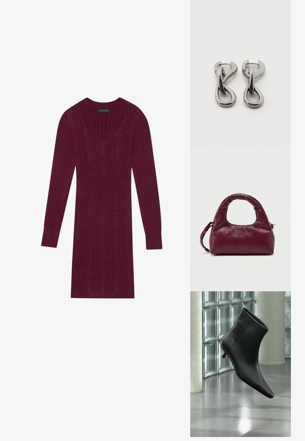 Bordeauxfarbenes Strickkleid mit V-Ausschnitt, langen Ärmeln, gerippten Bündchen und einem durchgehenden Kabelstrickmuster. Taillierte Passform.; Schwarzer Leder-Stiefelette mit spitzer Zehenpartie und niedrigem Kitten-Heel, schräg dargestellt vor einem polierten Boden und einer Glasbausteinwand.; Burgunderfarbene Ledertasche mit einem runden Griff, geprägtem Diamantmuster, abnehmbarem Schultergurt und dezenten goldenen Hardware-Akzenten.; Paar silberfarbene Metallohrringe mit abstraktem ineinandergreifendem Schlaufen-Design auf weißem Hintergrund.