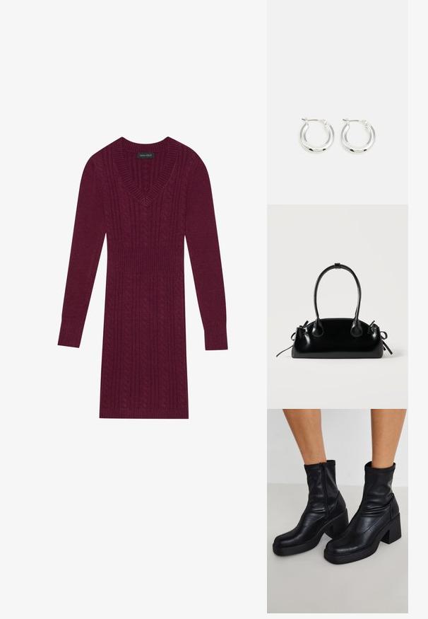 Bordo kudum Kleid V-kaelusega, pikkade varrukatega, soonikute käistega ja kogu kleidi ulatuses toruknitti mustriga. Kerge talje disain.; Mustad mustad nahast jalatsis dõst üheste plokkniski, külje lukuga, sileda tekstuuri ja kitseneva varbaga disainiga.; Väike must läikiv käekott kahe pika sangaga ja külgedel paelakinnitustega, ühel lihtsal helel taustal.; Hõbedased rõngaskõrvarõngad poleeritud viimistlusega, ringikujulise kujuga ja hingedega kinnitusega. Sile tekstuur minimaalsete detailidega.